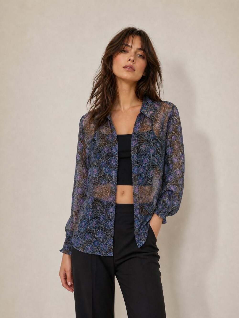 Attitude Peacock Pattern Button Down Shirt with Ruched Sleeves Sz XS